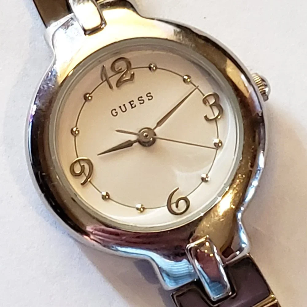 GUESS Two Tone Quartz Gold Silver Band White Face Easy to Read Ladies Watch